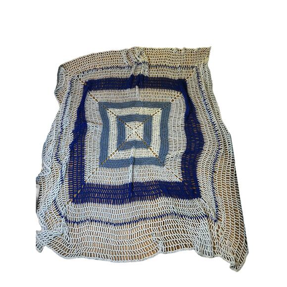 Vintage Handmade Crochet Afghan Blanket Large Blue Square Pattern Throw - Picture 1 of 2